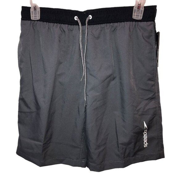 New Speedo Large Gray Black UPF 50 Drawstring Zip Pockets Swim Suit Trunks - Picture 2 of 11